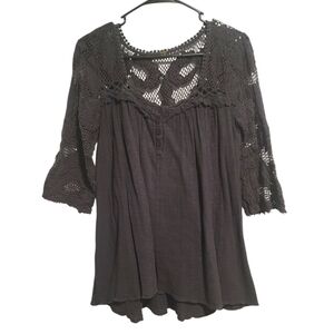 Free People Lace Henley Boho Tunic Top Size Medium Dark Gray